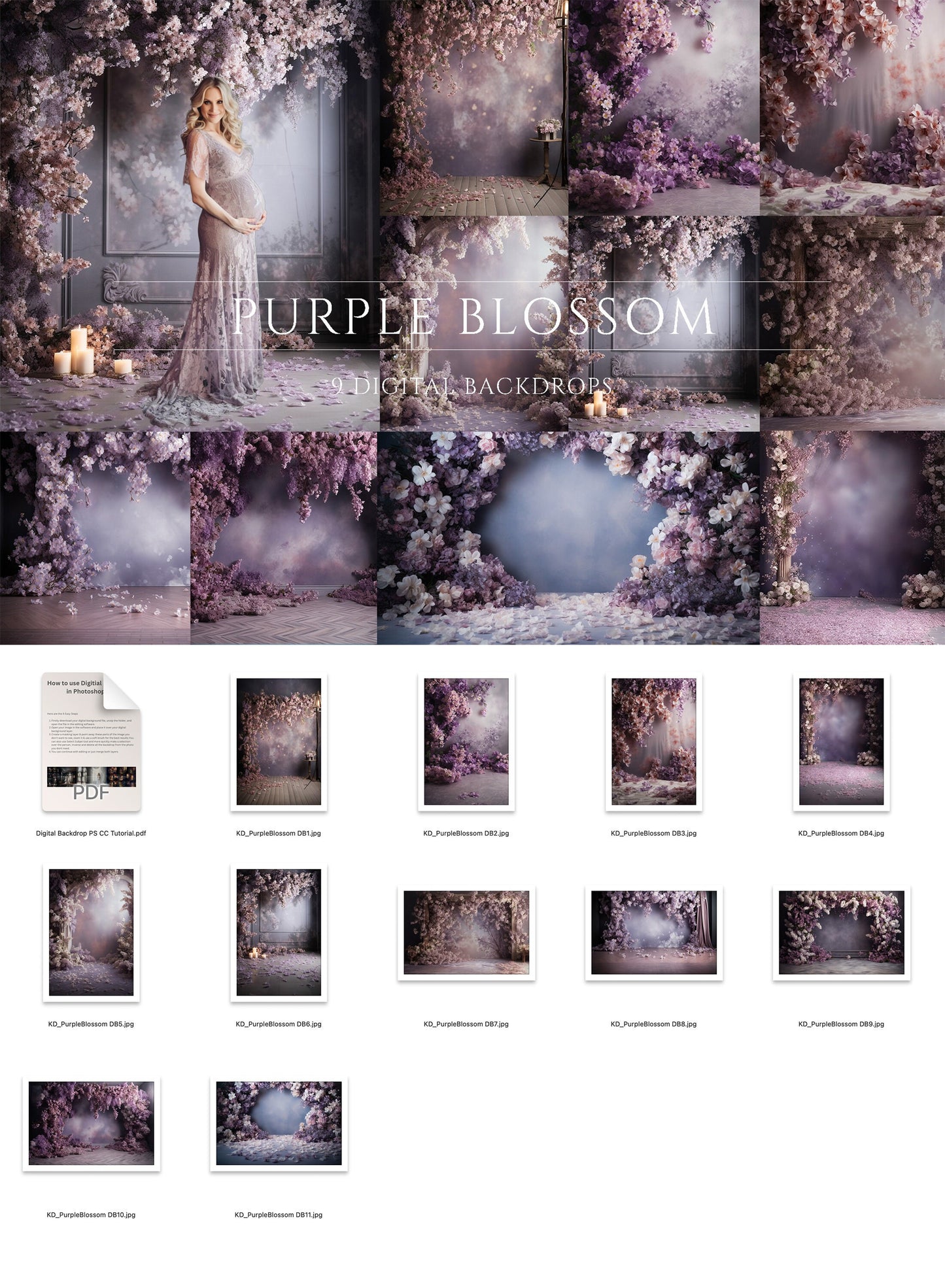 9 Purple Blossom Floral Digital Backdrops