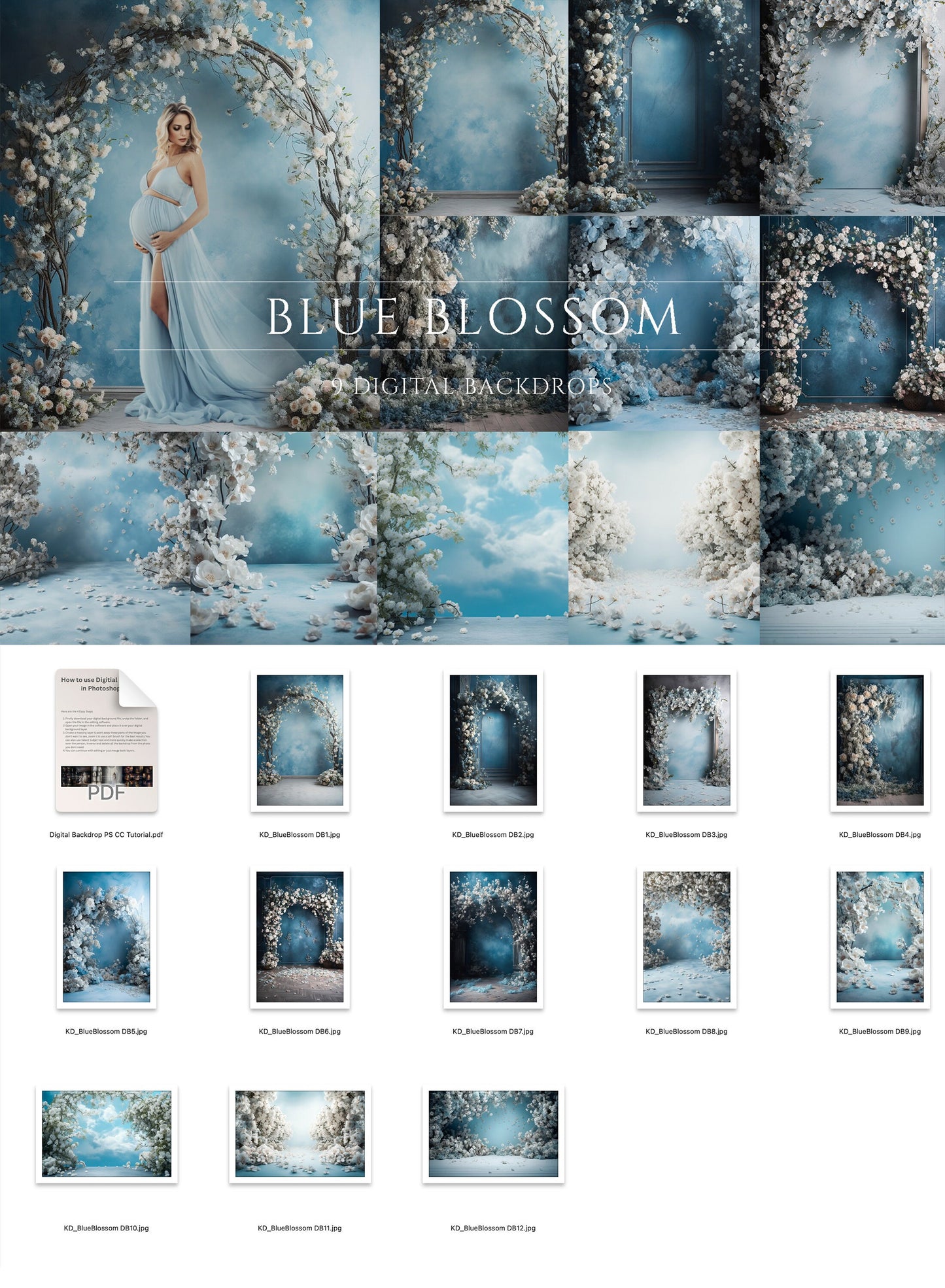 9 Blue Blossom Floral Digital Backdrops