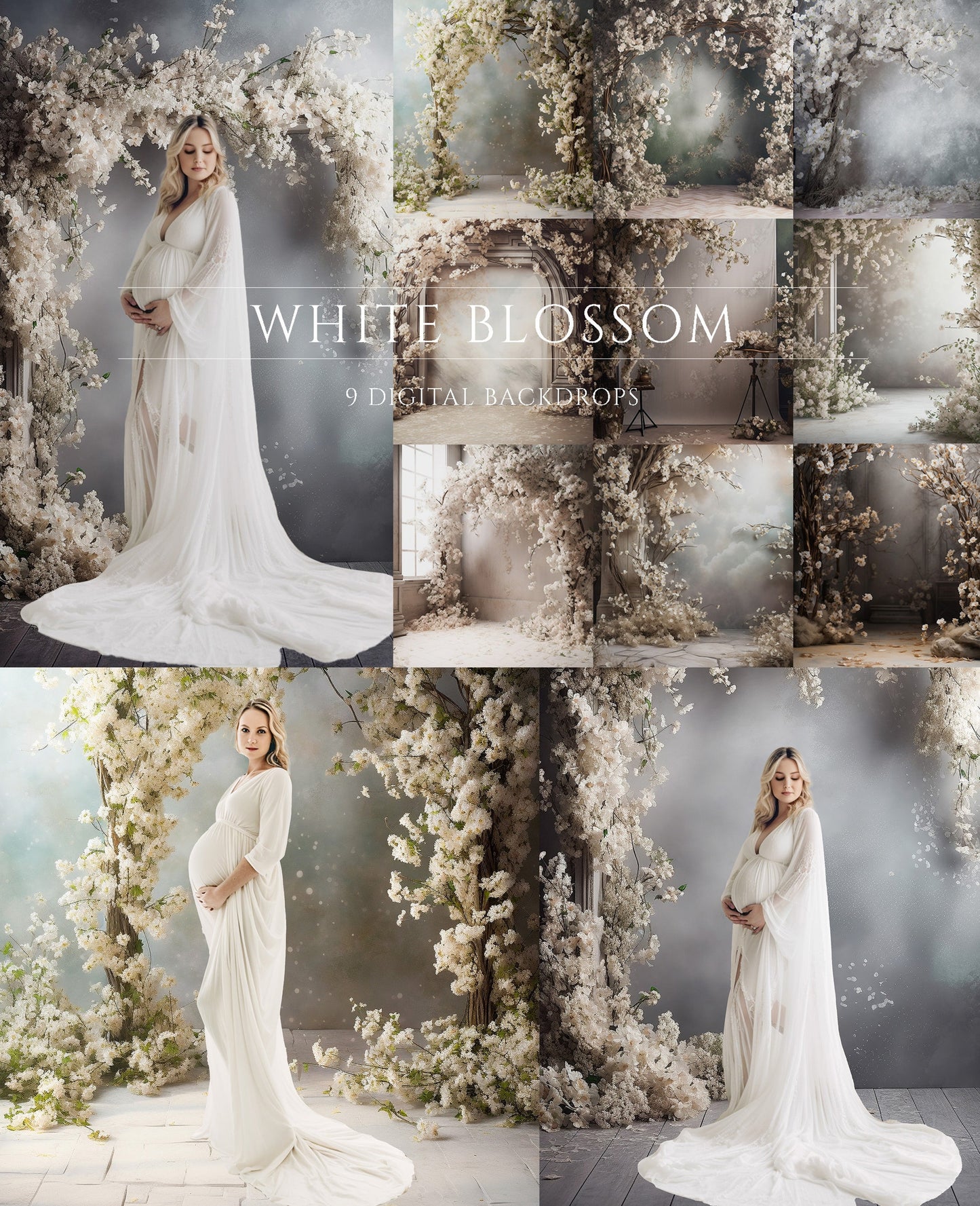 9 White Blossom Floral Digital Backdrops
