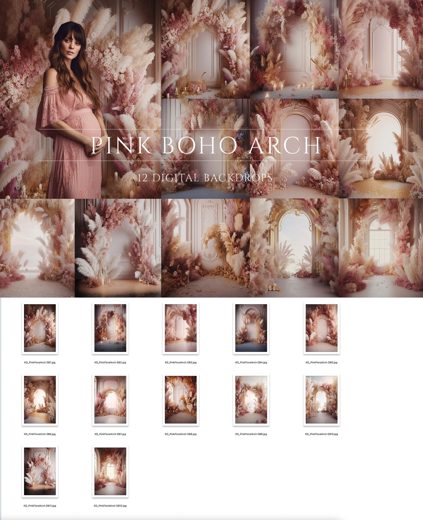 12 Pink Boho Arch Digital Backdrops