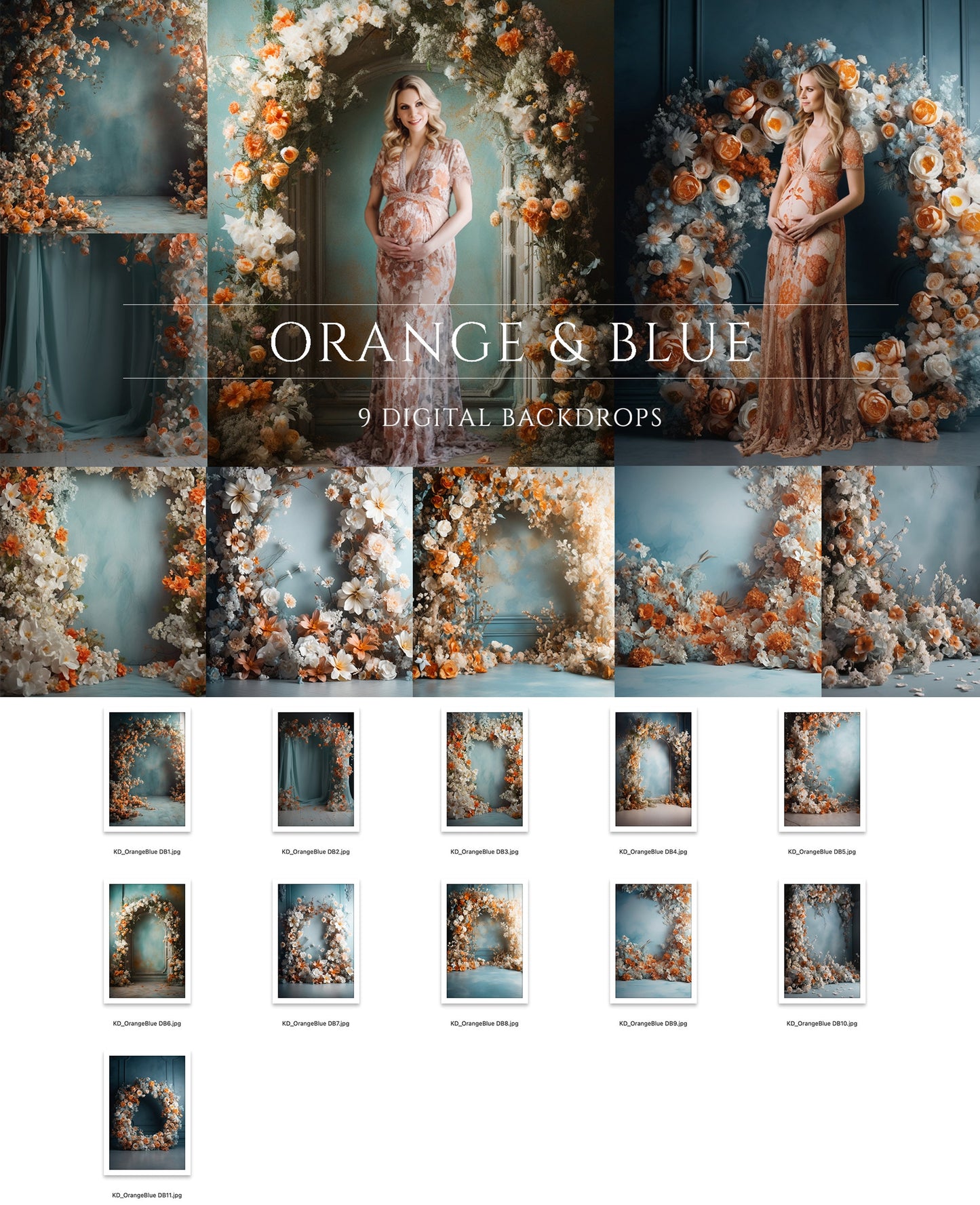 9 Orange and Blue Blossom Floral Digital Backdrops