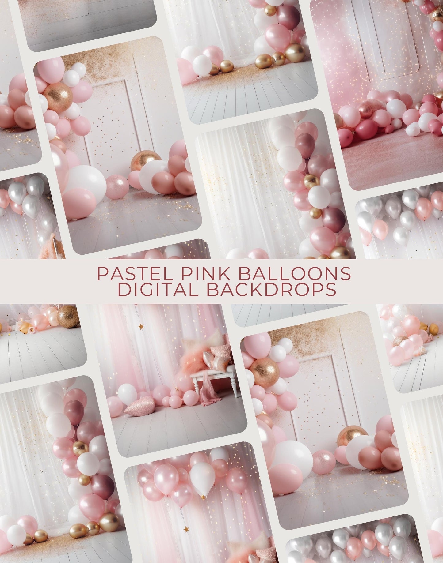 10 Pastel Pink Balloons Digital Backdrops
