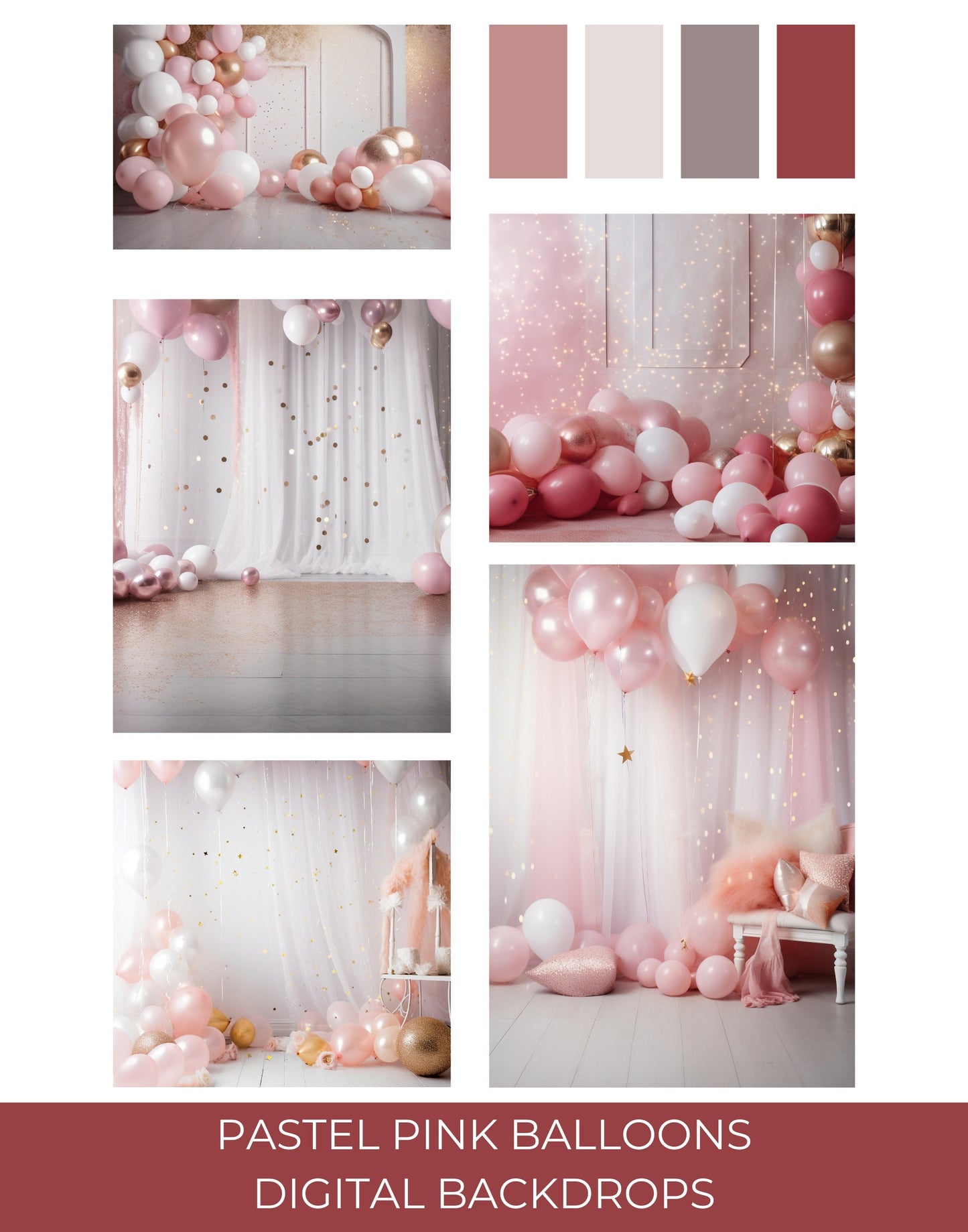 10 Pastel Pink Balloons Digital Backdrops