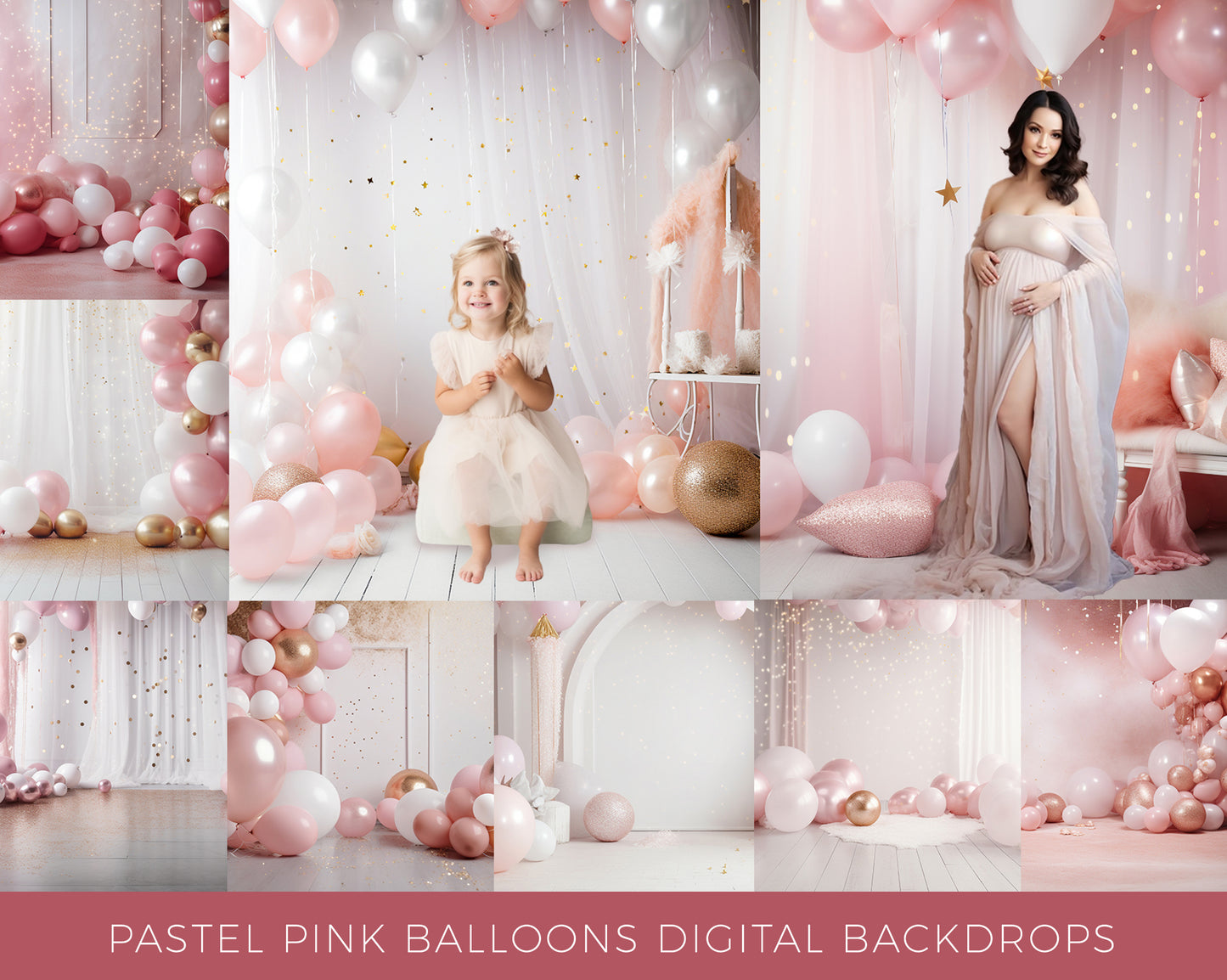 10 Pastel Pink Balloons Digital Backdrops