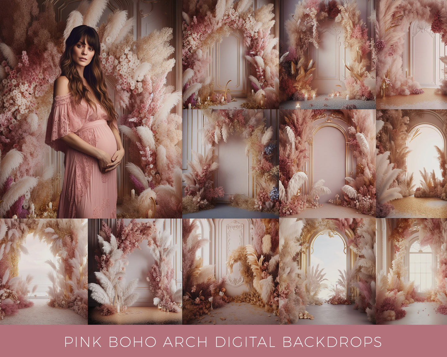 12 Pink Boho Arch Digital Backdrops