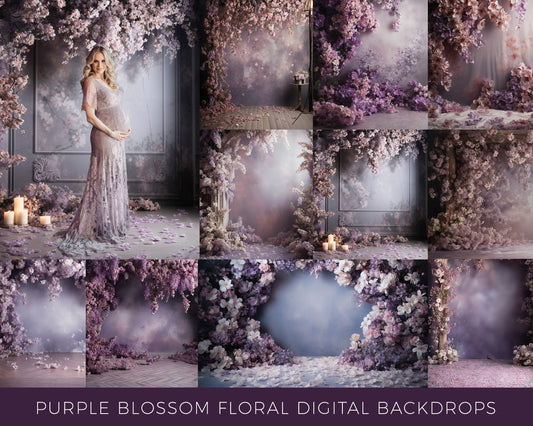 9 Purple Blossom Floral Digital Backdrops