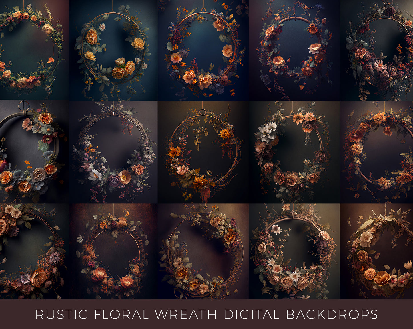 Rustic Floral Wreath Digital Backdrops
