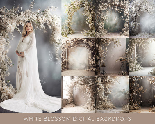 9 White Blossom Floral Digital Backdrops
